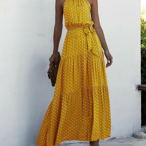Yellow Polka Dot Sleeveless Halter Maxi Dress - Picture 4 of 6